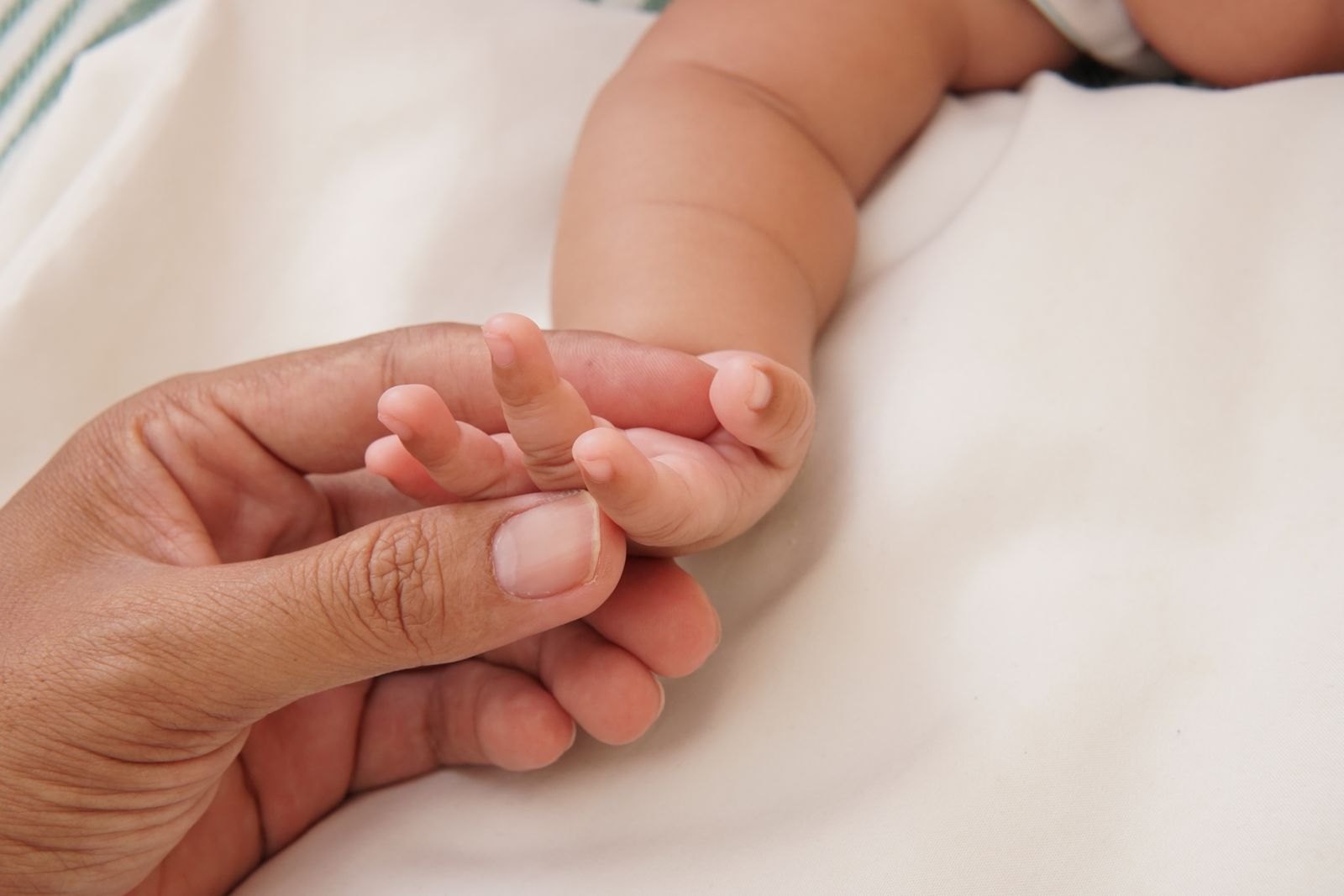 La mano de un bebé sostenida por la mano de su padre o madre