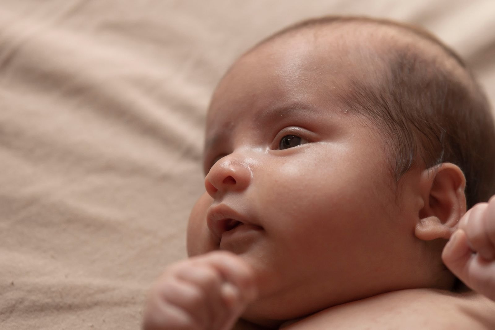 Bebé dormido y tranquilo con la oreja visible en primer plano, el tipo de detalle que los padres revisan buscando enrojecimiento o irritación