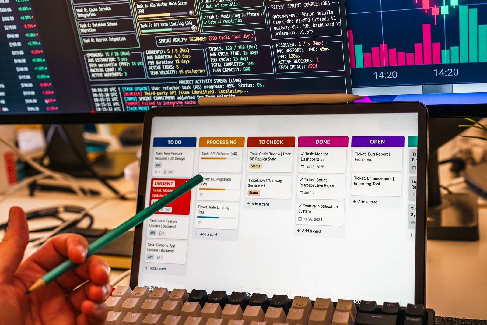 A laptop showing a task board with to-do, in-progress and done columns